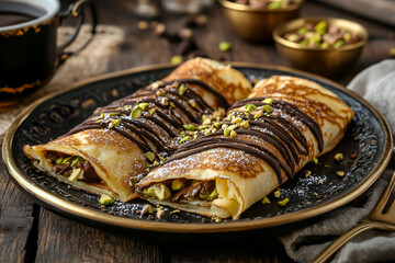 Pancakes with pistachio filling, doused with dark chocolate on a dark plate and set.Close-up, side view.