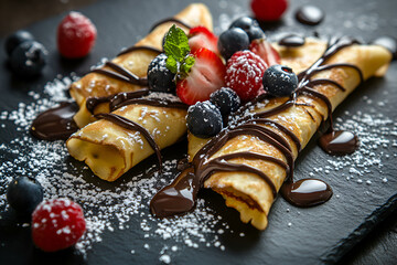 Pancakes with wild berries, doused with dark chocolate on a dark plate. Close-up, side view.
