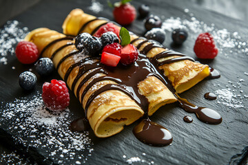 Pancakes with wild berries, doused with dark chocolate on a dark plate. Close-up, side view.