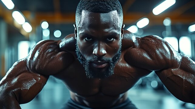 A muscular man intensely focused during a workout in a gym.