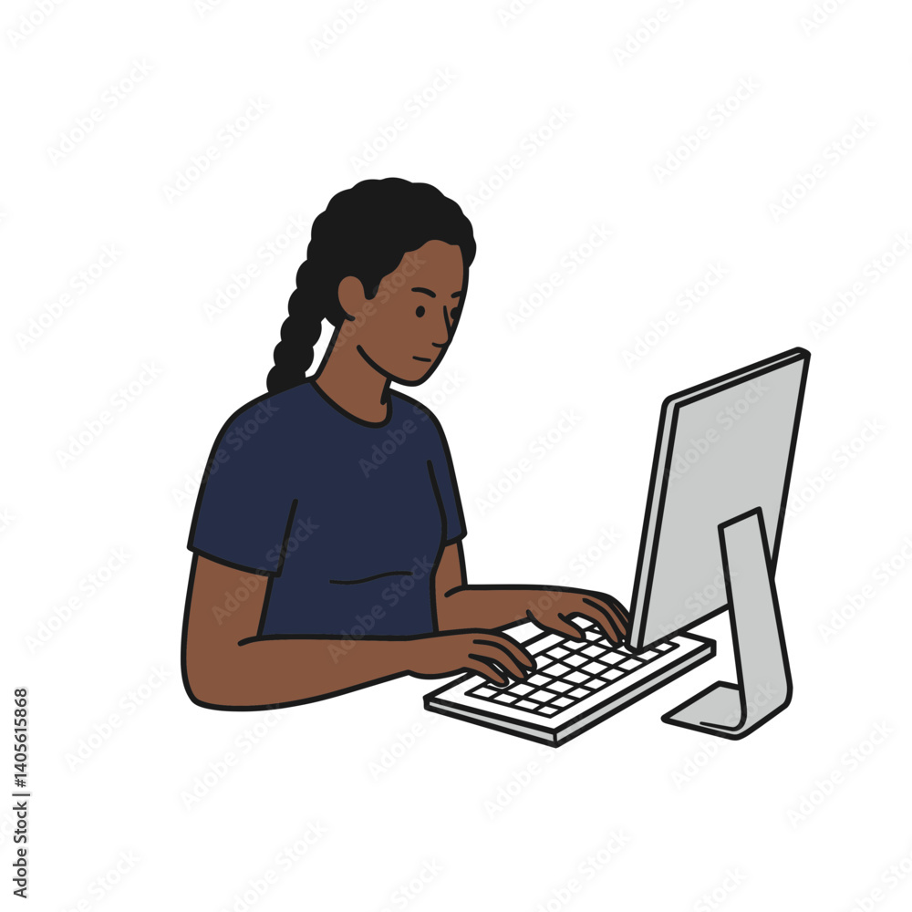 Poster coding serenity: a focused individual, deeply immersed in coding tasks, sits at a computer. hands da