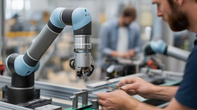 A collaborative robot efficiently aids a human worker in a dynamic industrial setting.