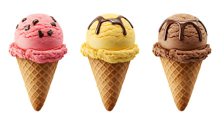 Three decorated ice cream cones with pink, yellow, and brown scoops featuring cute faces and...