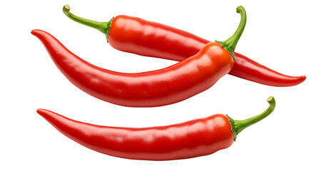 Group of fresh red chili peppers placed artistically on a white background looking spicy, colorful,...