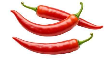Group of fresh red chili peppers placed artistically on a white background looking spicy, colorful, and ready for cooking or decoration in kitchen recipes.