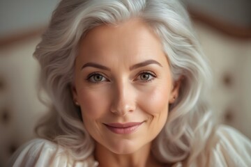 Fototapeta premium Close up portrait of a beautiful mature woman with gray hair, exuding confidence and serenity