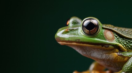 Close-Up of an Emerald Green Frog Captured with Soft Focus Against Dark Green Background