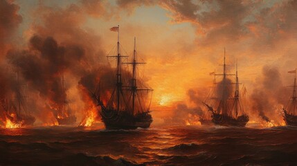 Naval warfare painting depicting burning ships amidst smoky ocean under sunset sky