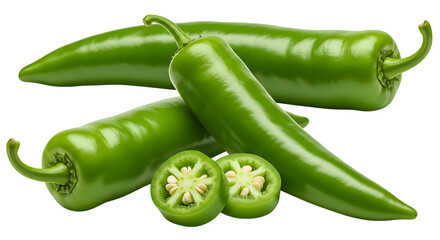 Group of fresh green chili peppers with one sliced to show inside, placed on a clean white background looking spicy, fresh, and perfect for cooking spicy dishes.