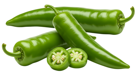 Group of fresh green chili peppers with one sliced to show inside, placed on a clean white background looking spicy, fresh, and perfect for cooking spicy dishes.