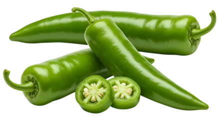 Fototapete Group of fresh green chili peppers with one sliced to show inside, placed on a clean white background looking spicy, fresh, and perfect for cooking spicy dishes. © Wajahat Rasool