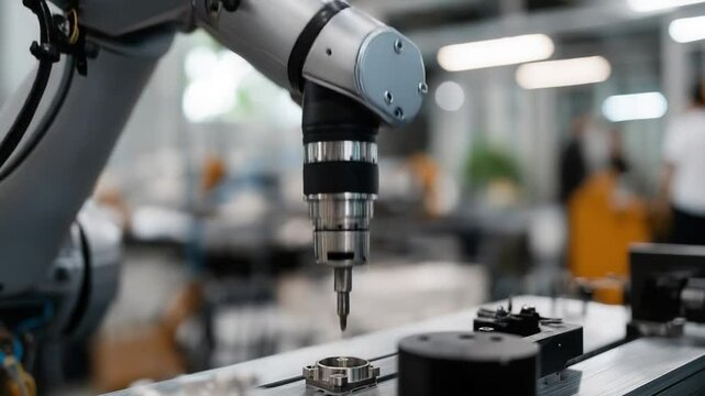 High-tech industrial robotic arm efficiently assembles car parts on an automated production line.