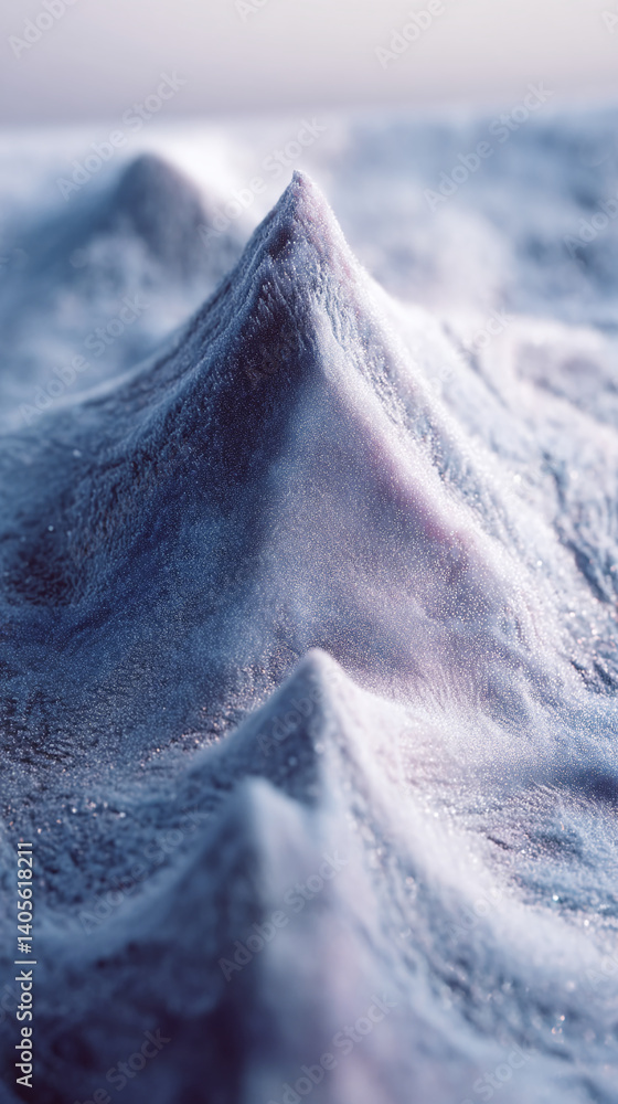Poster close-up of a textured surface resembling frosted peaks, creating a cold and ethereal appearance, sy