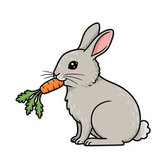 Cute Rabbit with Carrot: An adorable illustration of a cute rabbit joyfully munching on a fresh, orange carrot, showcasing playful joy and simple pleasures.