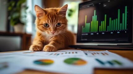 Cat Analyzing Data Charts on a Desk