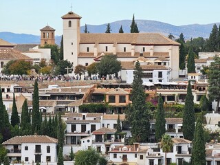 GRANADA, SPAIN: October 10, 2024: Aerial view of the Albaicin in Granada, one of the oldest districts in the city, with its historic monuments and traditional houses