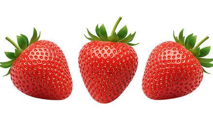Three fresh strawberries lying on a clean white background looking juicy, red, and sweet, ideal for desserts, smoothies, healthy snacks, and fruit salads anytime.