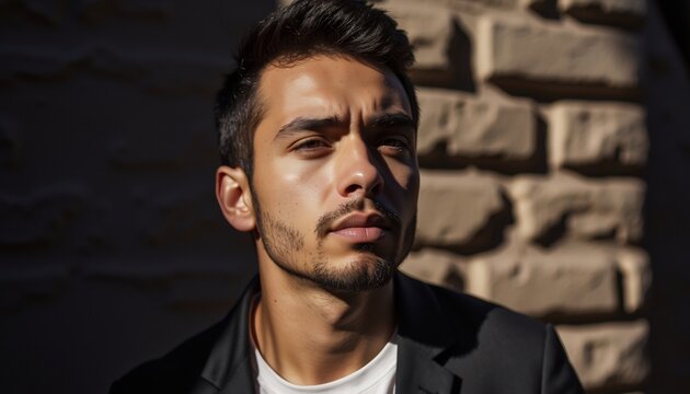 Serious man in portrait: A serious man standing outside, posing with a dramatic expression. His gaze conveys intelligence and thoughtfulness, with a touch of elegance.