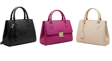 Three fashionable handbags in black, pink, and beige colors placed on a clean white background looking stylish, elegant, and perfect for everyday use or special events.