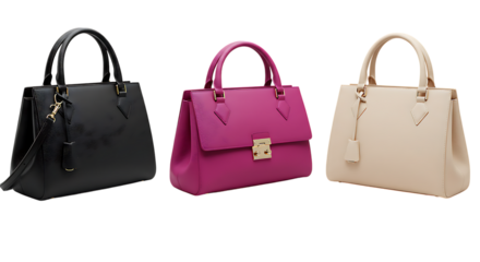 Three fashionable handbags in black, pink, and beige colors placed on a clean white background looking stylish, elegant, and perfect for everyday use or special events.