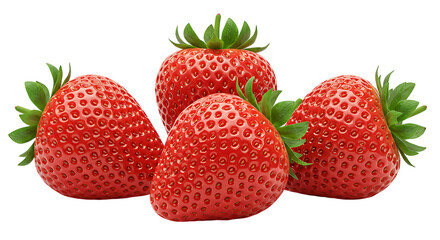 Group of five fresh strawberries placed on a clean white background looking vibrant, juicy, sweet, and perfect for eating, decorating desserts, or making smoothies.