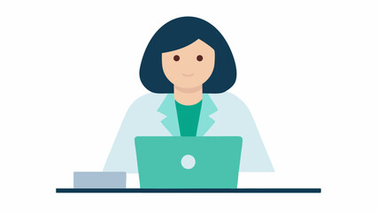 Doctor working in a modern clinic office environment using a computer for medical records or patient care ideal for health services and hospitals