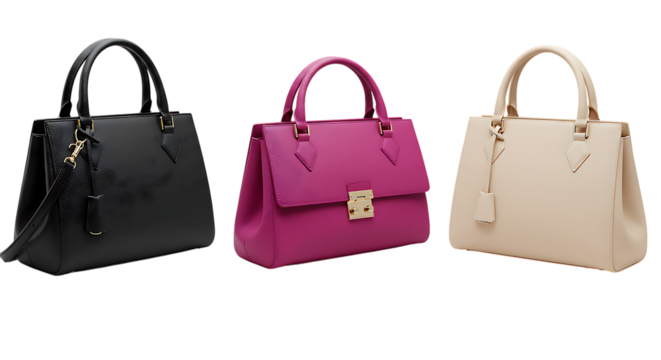 Three fashionable handbags in black, pink, and beige colors placed on a clean white background looking stylish, elegant, and perfect for everyday use or special events.