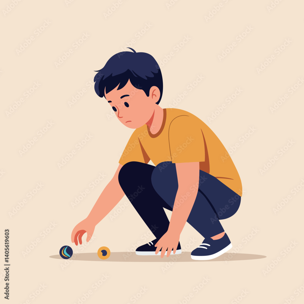 Poster a young boy squatting on the floor with a focused expression while playing with colorful marbles in 