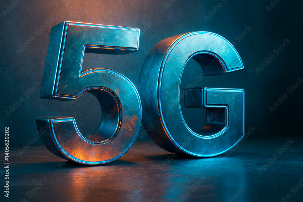 Poster metallic 5g symbol with futuristic lighting on dark background representing high-speed internet, mod