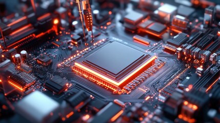 Fototapeta premium A high-tech smart factory assembling next-generation microprocessors with robotic precision and glowing interface elements