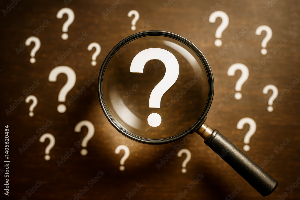 Aufkleber magnifying glass focusing on question mark surrounded by more question marks on wooden background sy