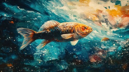 Naklejka premium Abstract depiction of a fish swimming gracefully through vibrant, turbulent waters