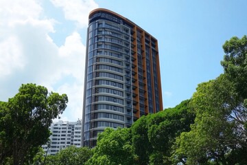 Modern residential high-rise building amidst lush greenery