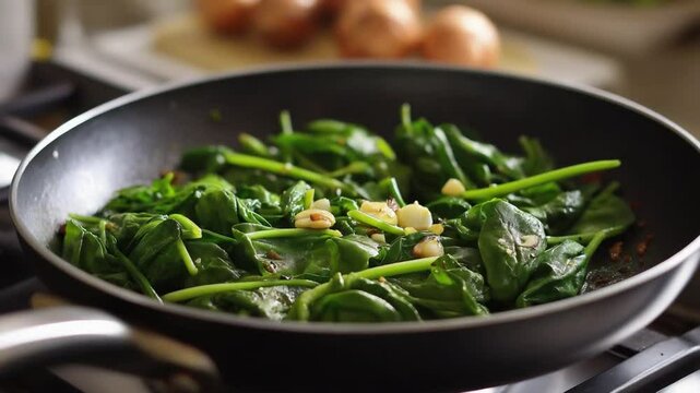Discover healthy cooking tips with this stock video of saut&eacute;ed spinach and garlic sizzling in a pan.
