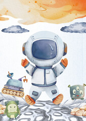 Cute Space Watercolor, Astronaut and Alien Nursery Decor, Outer Space Illustration for Kids, Clipart for Children’s Books and Cards
