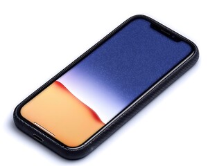 Phone with gradient blue-yellow screen, in textured dark case, lying on white background