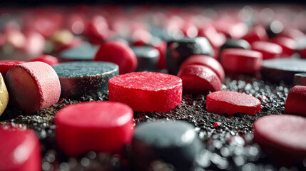 Red and black plastic pellets spread on a rough surface, displayed in a vivid macro composition