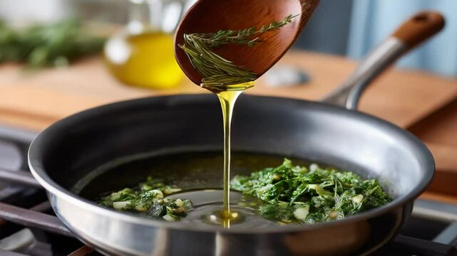 Close-up of garlic and herbs sizzling in olive oil, creating a fragrant culinary experience.