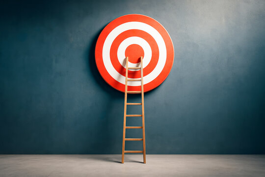 Wooden ladder leaning on large red target against dark wall background symbolizing ambition, focus, motivation, and reaching business goals.