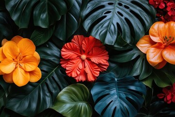 Lush foliage frames vibrant hibiscus and other colorful flowers, a tropical botanical display