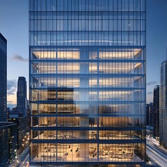 Office building glowing in twilight with glass panel facade high resolution picture