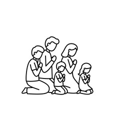 Family Praying Together: A simple line art illustration depicting a family of four&mdash;two adults and two children&mdash;kneeling in prayer, hands clasped together.  The image conveys themes of faith.