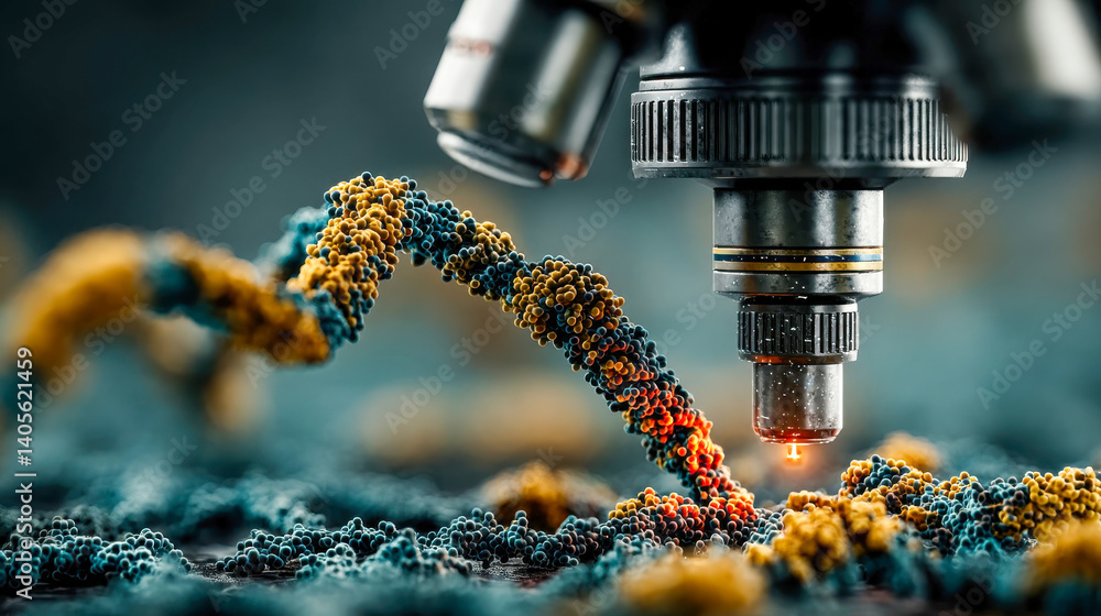 Poster close-up of a dna strand being analyzed under a high-resolution microscope in a scientific laborator