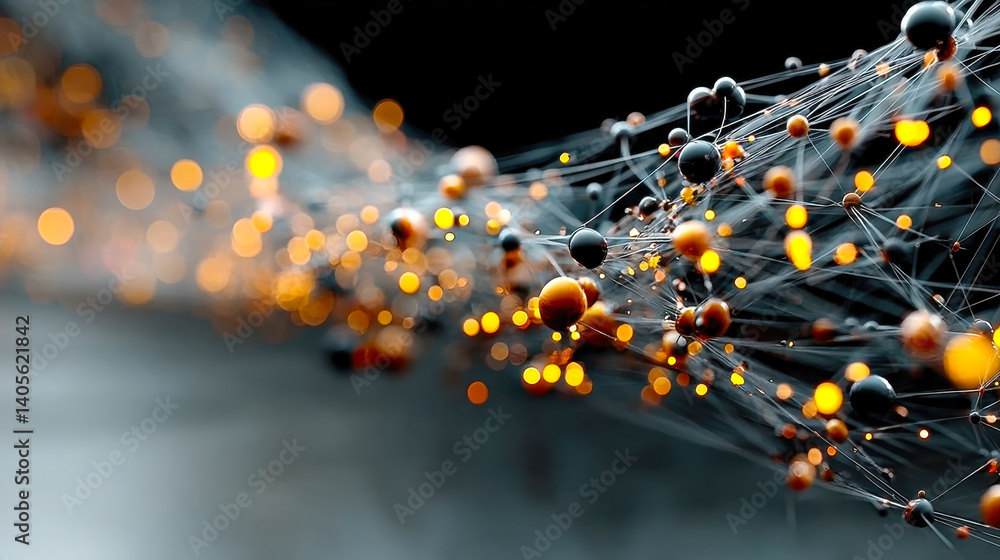 Poster complex neural network visualization with glowing orange nodes and connected threads, concept of ai 