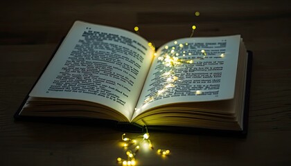 Fototapeta premium Open Book with Glowing Fairy Lights on Wooden Table
