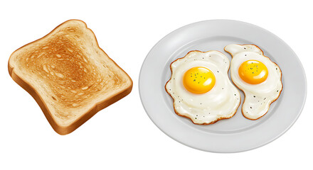 Two sunny-side-up eggs and two toast slices placed on a white plate, looking fresh and hot, ideal for a quick, simple, and healthy breakfast in the morning.