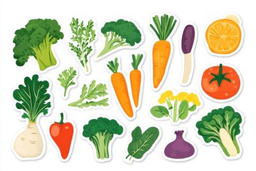 Cute sticker sheet featuring flat vegetables like broccoli, carrots, and spinach arranged neatly for creative projects