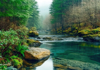 Obraz premium serene river flows through woods with clear water and lush greenery, creating peaceful