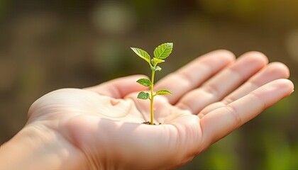 Small Green Plant Sprout in a Hand Against a Sunny Outdoor Background