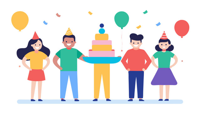Birthday party celebration illustration featuring happy people standing together with balloons, decorations, and festive mood in a joyful and colorful setting